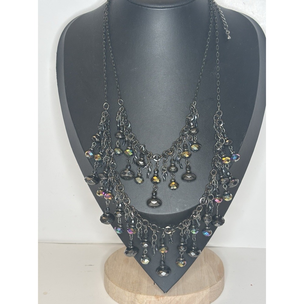 Vintage Y2K  Necklace Layered Gunmetal AB Crystal Bead Dangle Statement 20"